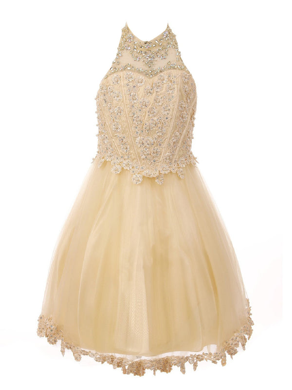 Big Girls Champagne Halter Neck Rhinestone Sequin Junior Bridesmaid Dress 8-16 - SophiasStyle.com